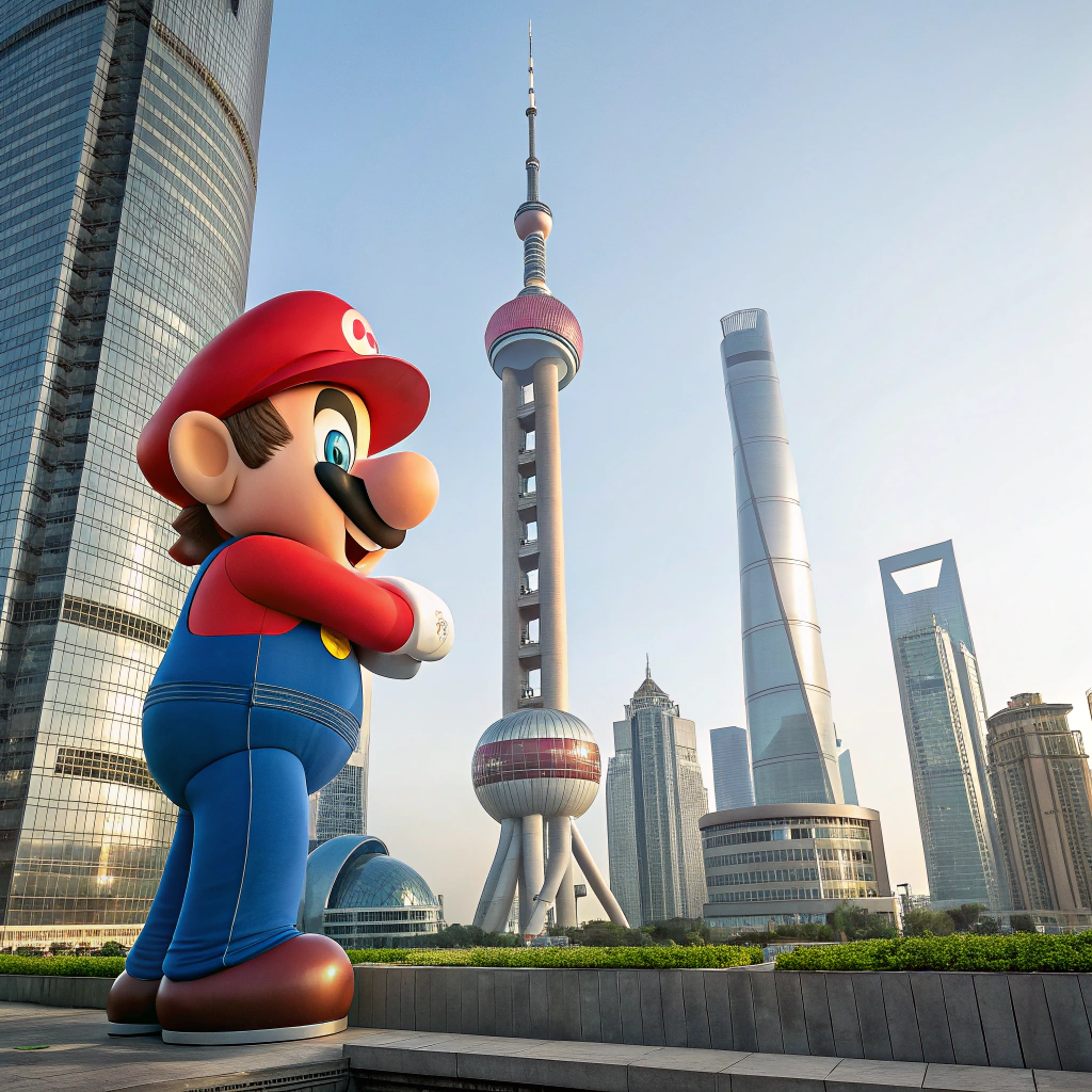 AI generated image by Red Panda AI: 3D Super Mario Hugs Shanghai Center Building