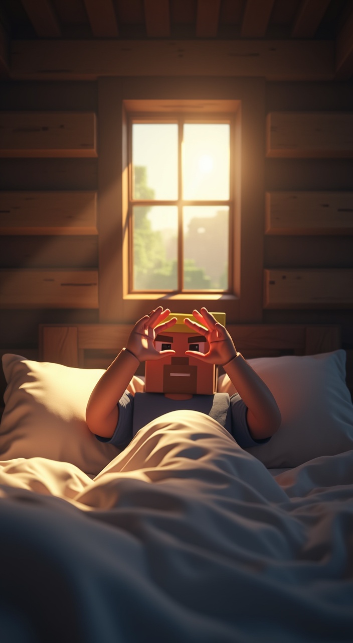 AI generated image by FLUX.1-pro: first-person POV from Steve waking up in bed, realistic human hands in foreground shielding eyes from bright square-shaped sunlight entering through a pixelated Minecraft window, wooden house interior, morning light casting shadows, immersive and cinematic scene