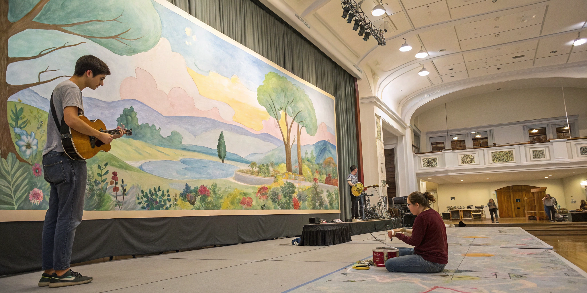 AI generated image by Red Panda AI: It is a painting three times the width of the picture. In the middle there is a young man painting with watercolors. On the left side of the picture there are two people, a man and a woman, playing the guitar. On the right side of the picture there is a group performing theater. Independent from each other in 3 groups