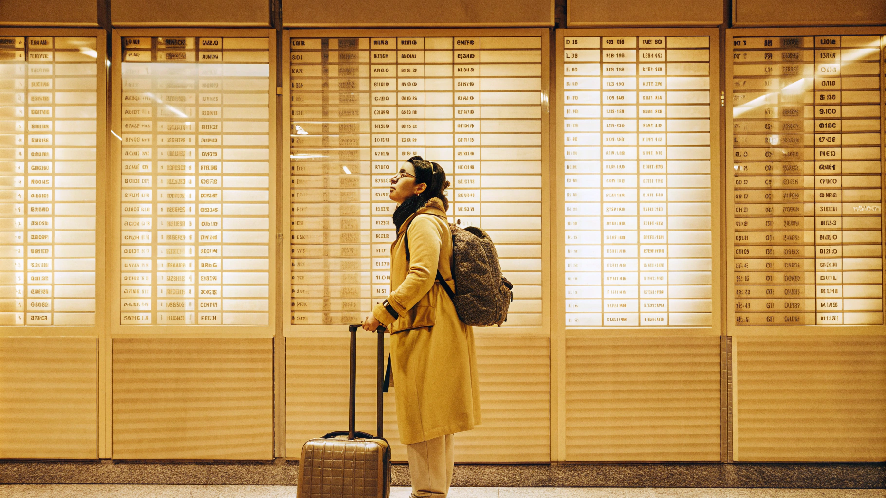 AI generated image by Red Panda AI: A iphone portrait from the front of a female solo traveler at the airport. The season is the winter. The traveler is wearing warm clothes and a backpack. Her clothes are bright and colorful. She is holding a luggage on wheels. She is standing in the middle of the airport and looks at the departures board confused. The airport is crowded. A lot of people are walking besides her. The atmosphere is cold and light blue.