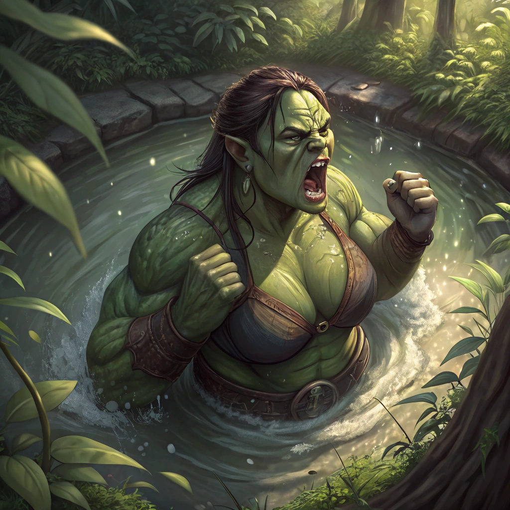 AI generated image by Red Panda AI: A large and muscular green skinned orc woman woman farts while bathing in a swamp pond, causing several large bubbles to surface in the pond behind her. Overhead view. Her eyes are closed, and she has an angry expression. She is holding both of her fists at chest height 