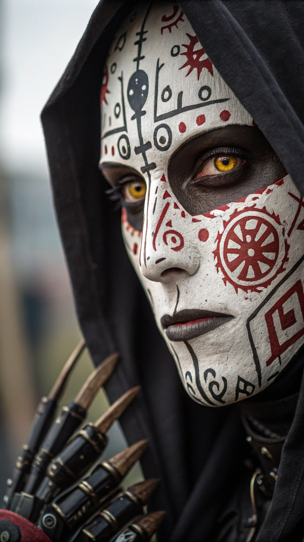 AI generated image by FLUX.1-schnell: A close-up of a face adorned with intricate black and red patterns. The left side of the face is predominantly white, with symbols and doodles, while the right side is dark, featuring mechanical elements. The eye on the left is a striking shade of yellow, contrasting sharply with the surrounding patterns. The face is partially covered by a hooded garment, and there's a mechanical hand with sharp claws resting on the face, suggesting a fusion of organic and mechanical elements. By Sasan 