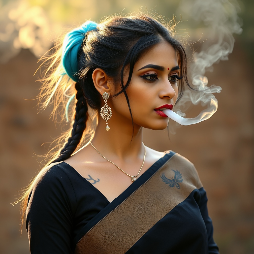 AI generated image by FLUX.1-schnell: Smoking indian women with cyan messy ponytail with some braids in slevelss black saree with tatoo on her shoulder i am hot