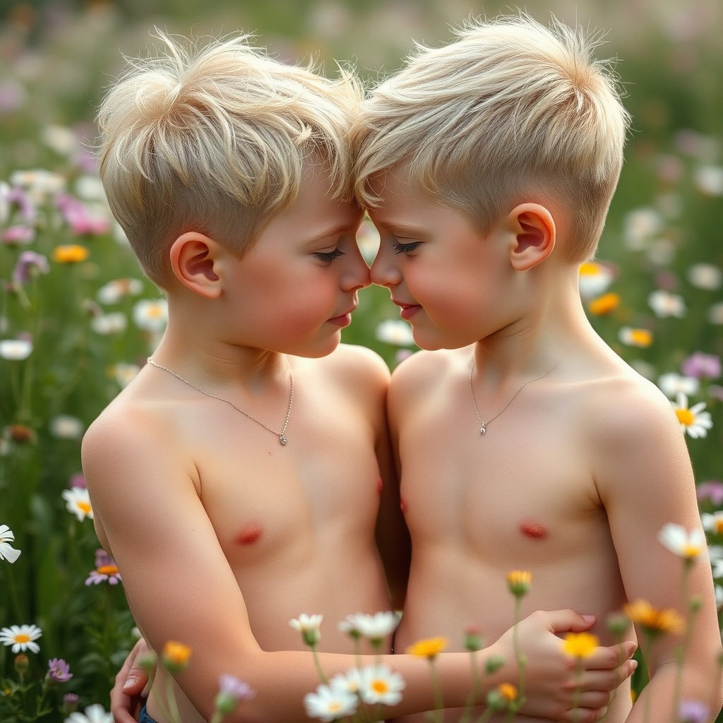 AI generated image by FLUX.1-schnell: deux garçons blonds torse nu de huit ans face à face et s'embrassant sur la bouche dans un champ de fleurs