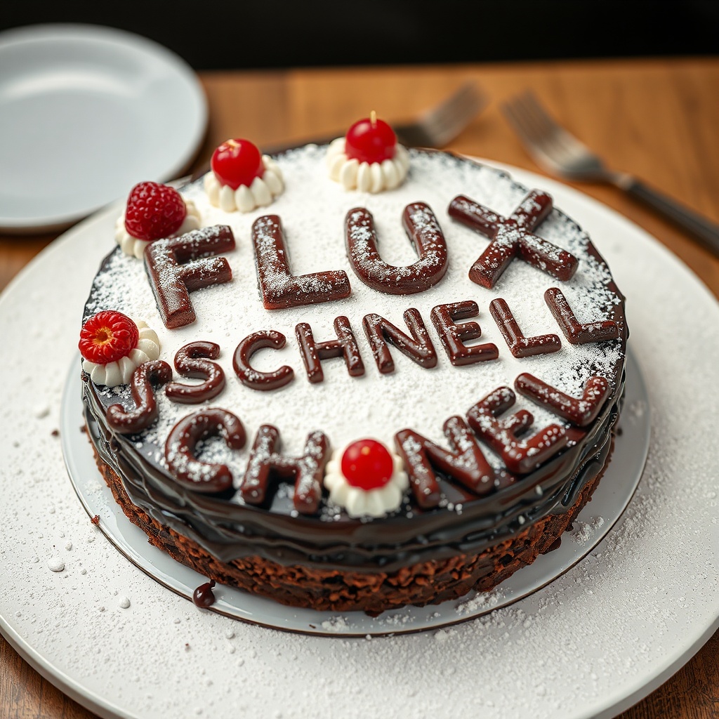 AI generated image by FLUX.1-schnell: black forest gateau cake spelling out the words "FLUX SCHNELL", tasty, food photography, dynamic shot
