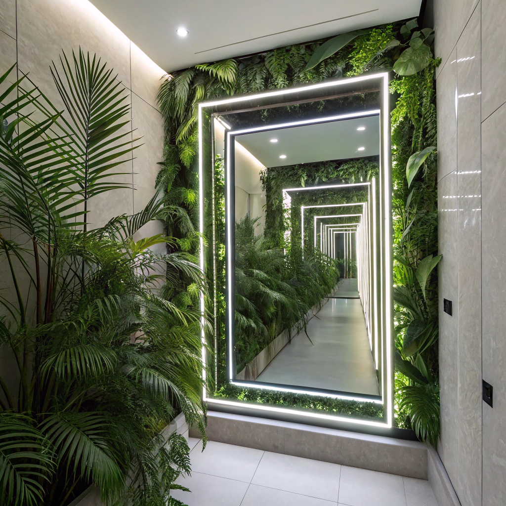 AI generated image by Red Panda AI: Create a realistic render of an infinity mirror wall for a bathroom shower. The wall measures 3m wide by 2m high and features a perfect infinity mirror effect. Tropical plants, such as palm leaves, ferns, and vines, are integrated into the mirror design and repeat endlessly into the depth of the reflection. Vibrant LED lights are incorporated, evenly spaced, and enhance the infinite effect by creating a seamless blend of greenery and light. The focus should be on the wall's immersive and mesmerizing infinite repetition of plants and LEDs, giving the impression of a tropical forest extending endlessly.