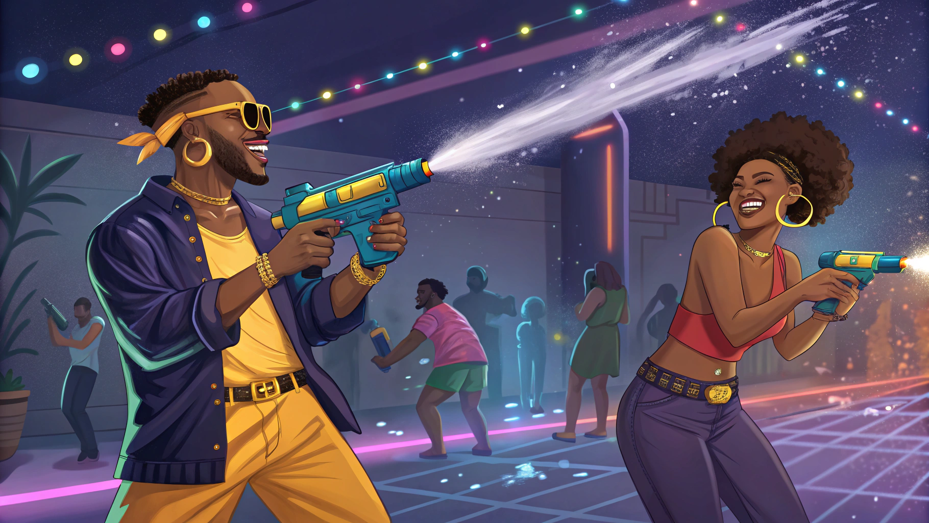 AI generated image by Red Panda AI: quiero un papanuel y una mamanuel con estilo chulo colgantes de oro y pistola de agua dandole de beber a la gente en la boca en una discoteca donde la gente se lo esta pasando bien

