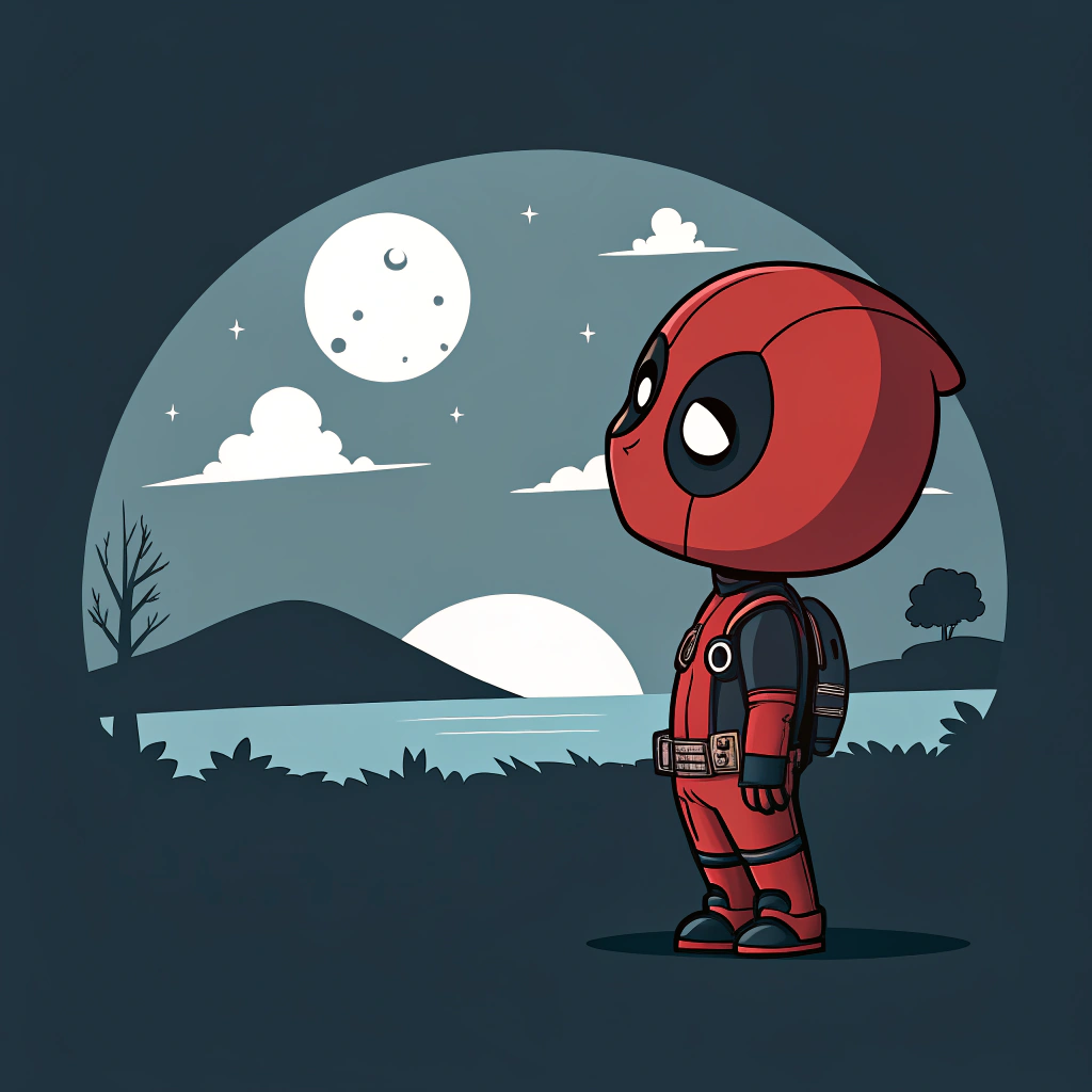 AI generated image by Red Panda AI: genera una imagen con el fondo oscuro y en el centro deadpool mirando un paisaje hacia la derecha estilo cartoon minimalista 