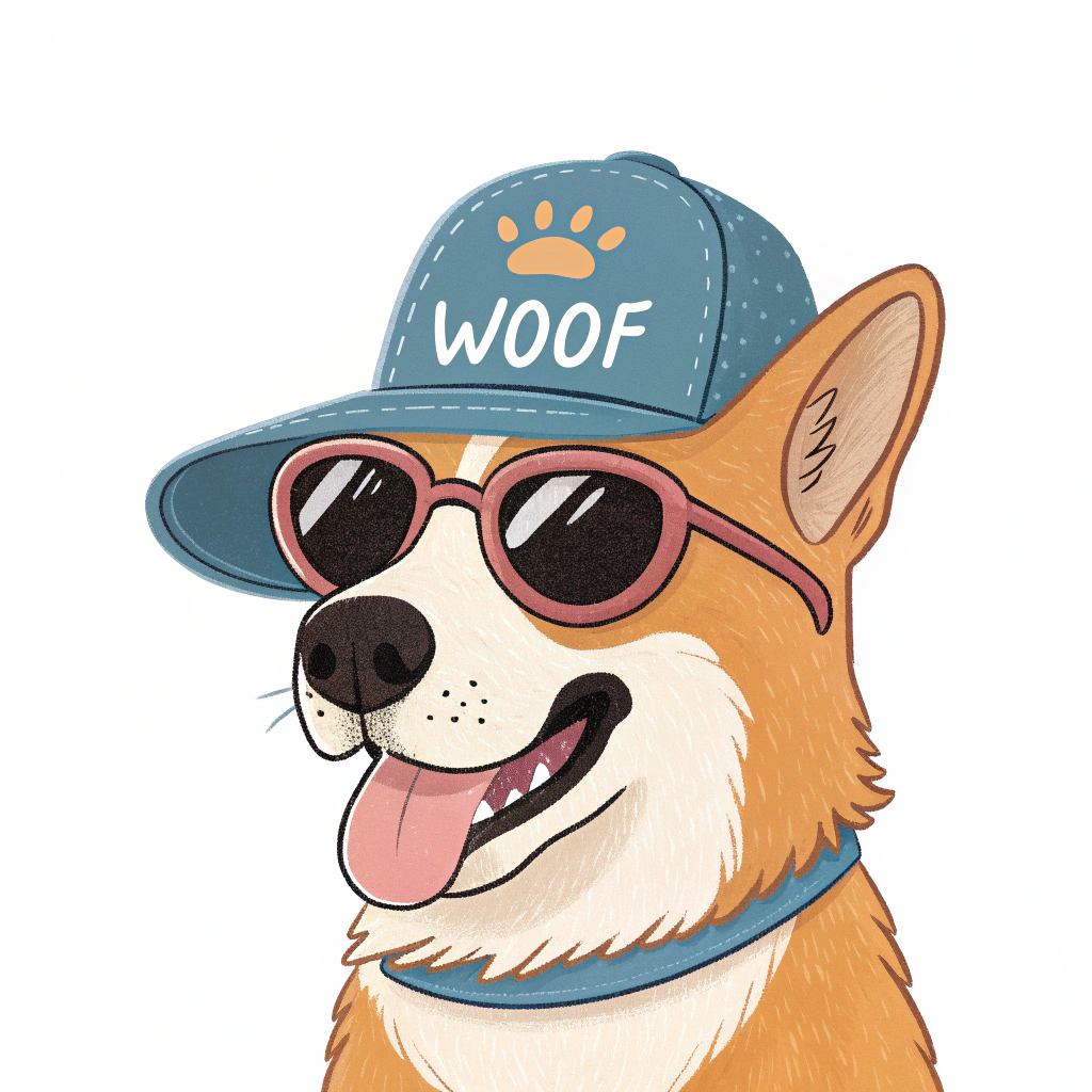 AI generated image by FLUX.1-schnell: a cool funky looking dog wearing sunglasses and a hat, the hat says "woof"