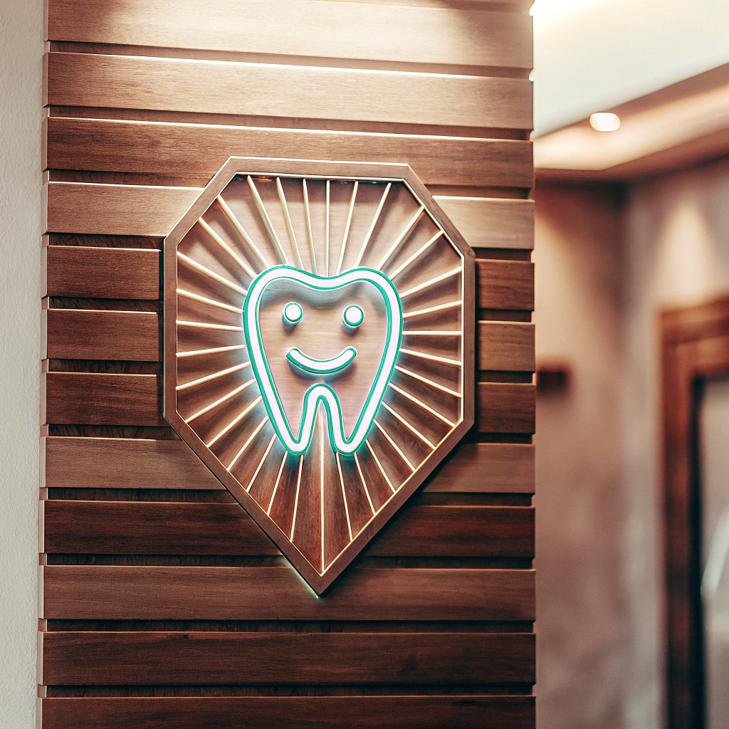 AI generated image by Red Panda AI: Minimalist dental logo with a smiling tooth, glowing effect, vibrant colors like blue and green, representing health and wellness, modern and professional design, with a sense of growth and positivity.