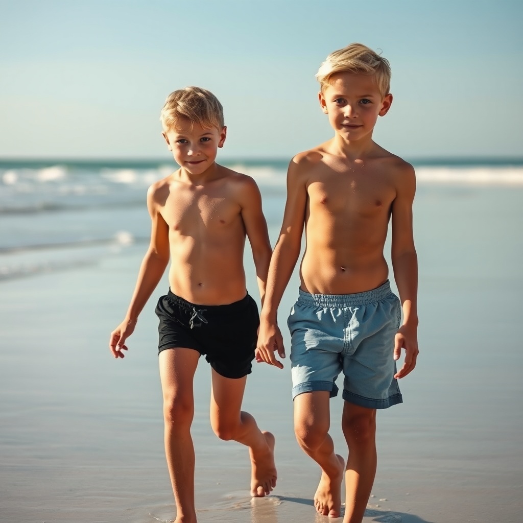 AI generated image by FLUX.1-schnell: deux garçons blond aux yeux bleu de huit ans en short de bain se tenant la main en marchant sur la plage