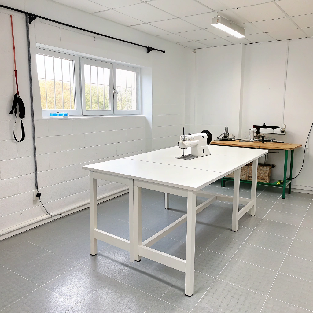 AI generated image by Red Panda AI: un cuato blanco con una mesa en el medio y la mesa no tenga nada arriba y sea un cuarto como de 4 x 4 metros y una maquina de cocer  de tapiceria en el fondo

