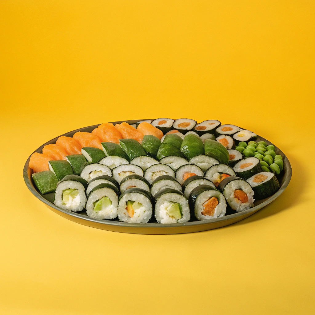 AI generated image by Red Panda AI: big plate of sushi rolls