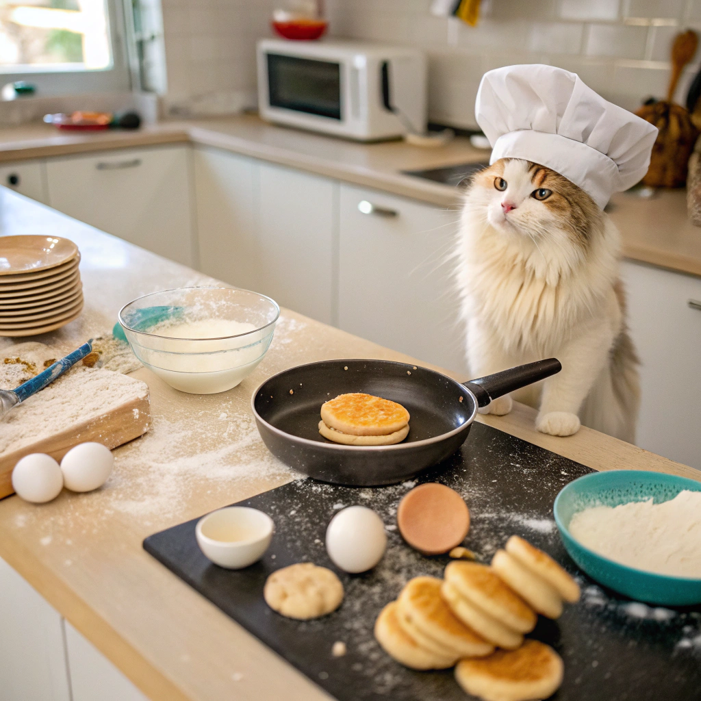 AI generated image by Red Panda AI: Wide-angle shot of a bustling kitchen filled with activity. A fluffy cat wearing a tiny chef's hat expertly flips pancakes on a skillet, with flour and ingredients scattered around. The camera zooms in on the cat's focused expression and the fluffy pancakes rising. Cheerful kitchen sounds and upbeat music enhance the lively atmosphere.