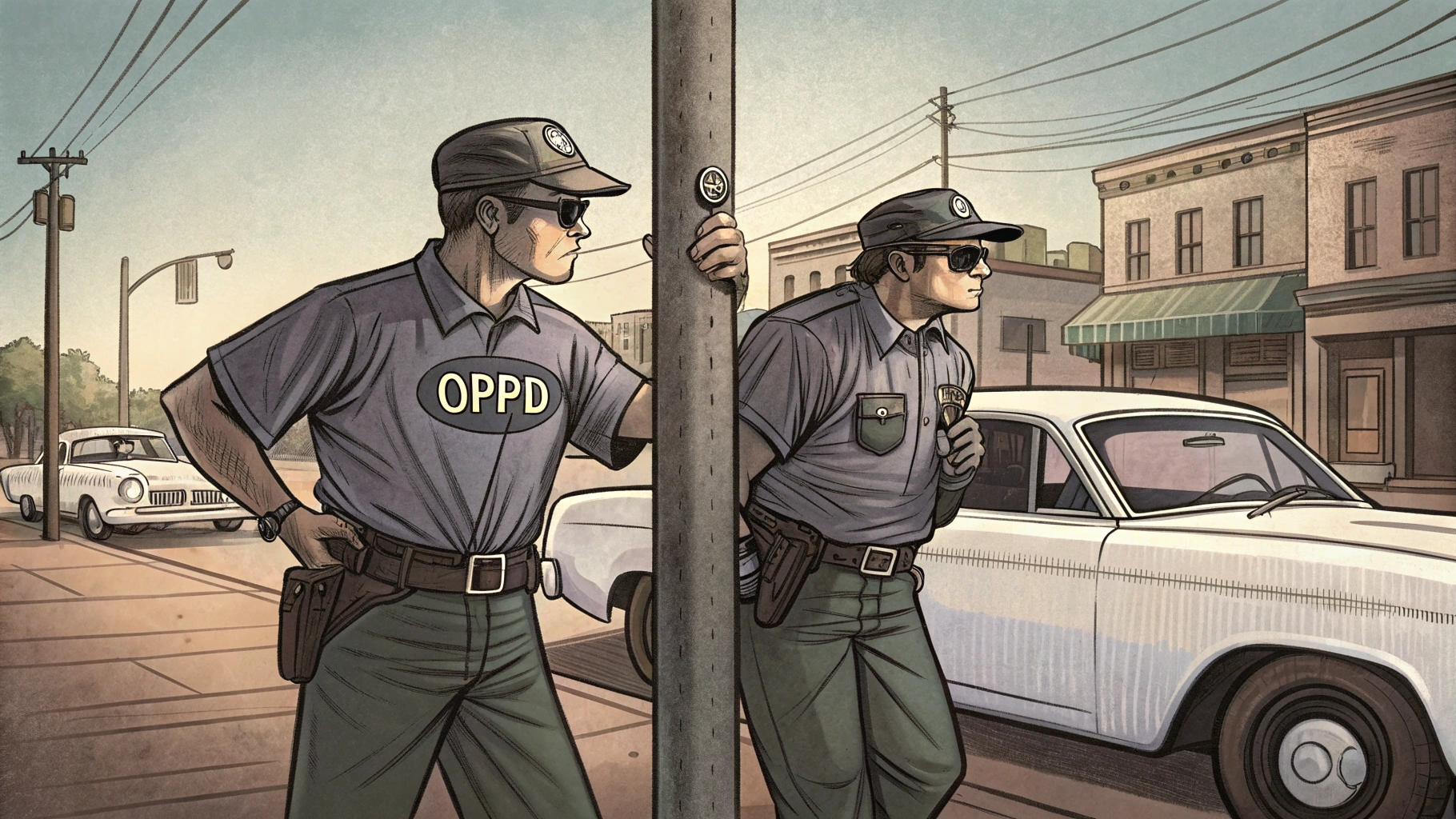 AI generated image by Red Panda AI: two mysterious and sketchy men are utility workers with shirts that say "OPPD", they stand next to a white sedan, 1950s comic book style

