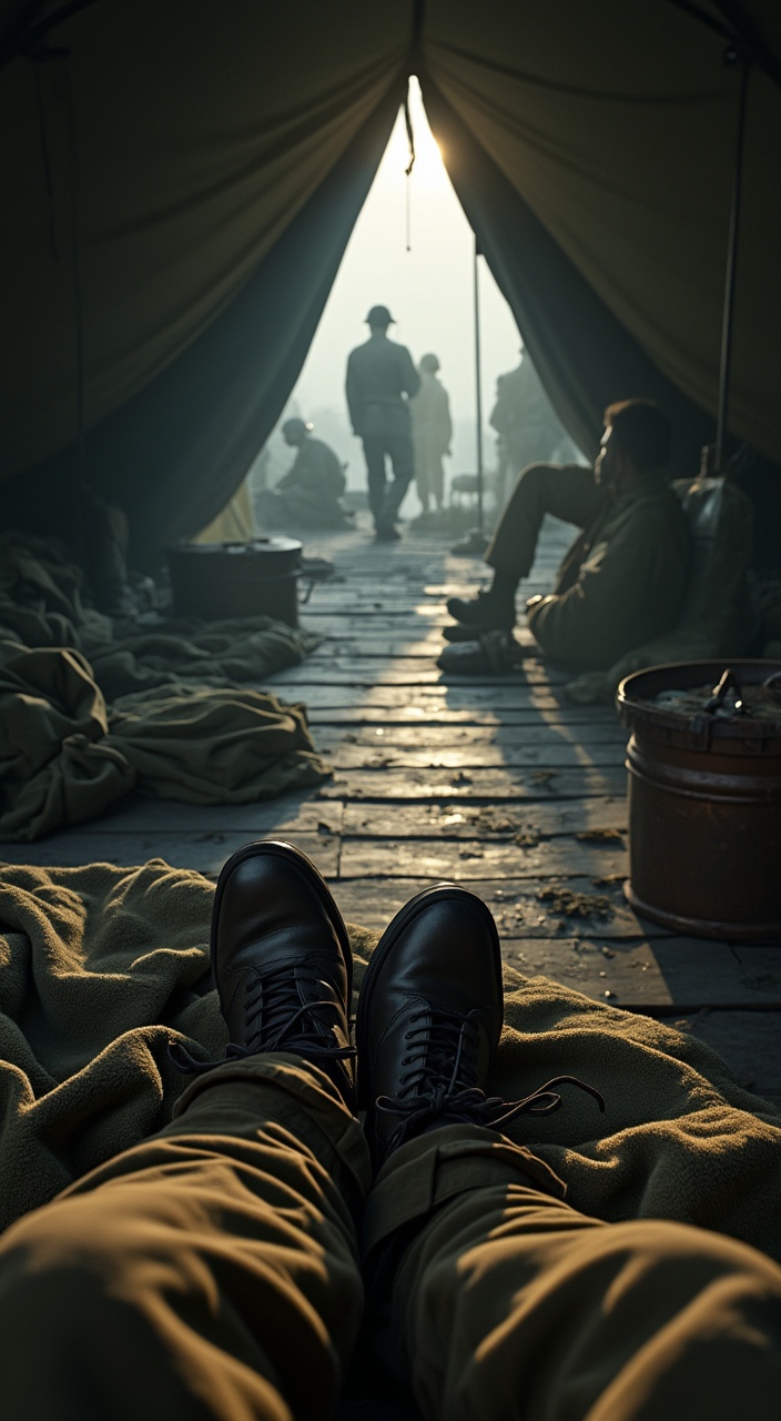 AI generated image by FLUX.1-pro: First-person perspective, waking up in a World War II military camp. The soldier’s hands are visible, lifting a rough army blanket. Worn-out boots rest on a wooden floor. Dim natural light enters through the tent’s opening, revealing other soldiers preparing for the day. The air is cold, breath visible in the morning mist. Ultra-realistic 8K, HDR, cinematic lighting, natural shadows, war atmosphere.