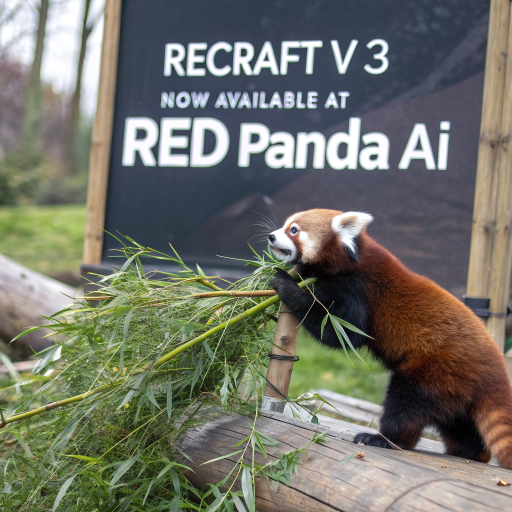 AI generated image by Red Panda AI: a red panda eating a bamboo in front of a poster that says "recraft V3 now available at red panda ai