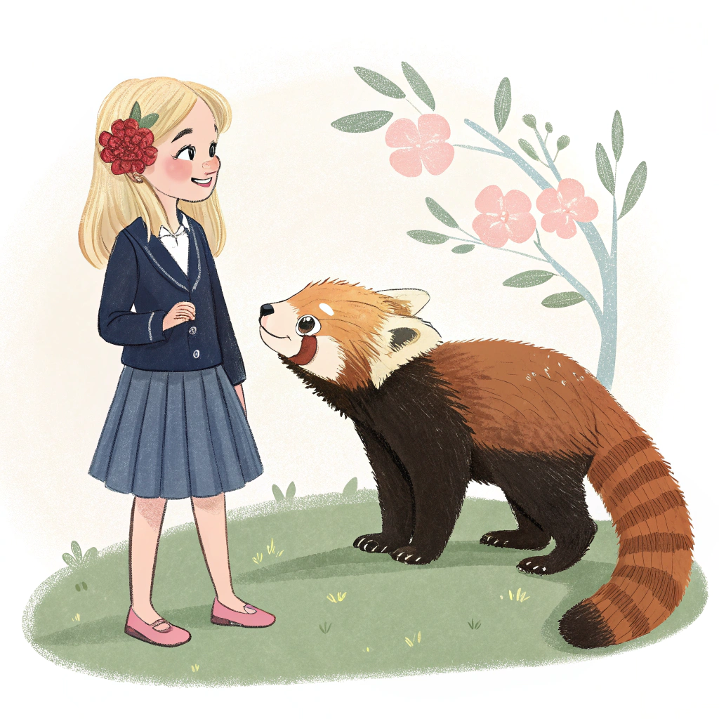 AI generated image by Red Panda AI: An adorable young red panda with a flower behind her ear next to a pretty blonde girl wearing a navy blazer, a collared shirt, a knee-length pleated skirt, and pink, heeled slippers