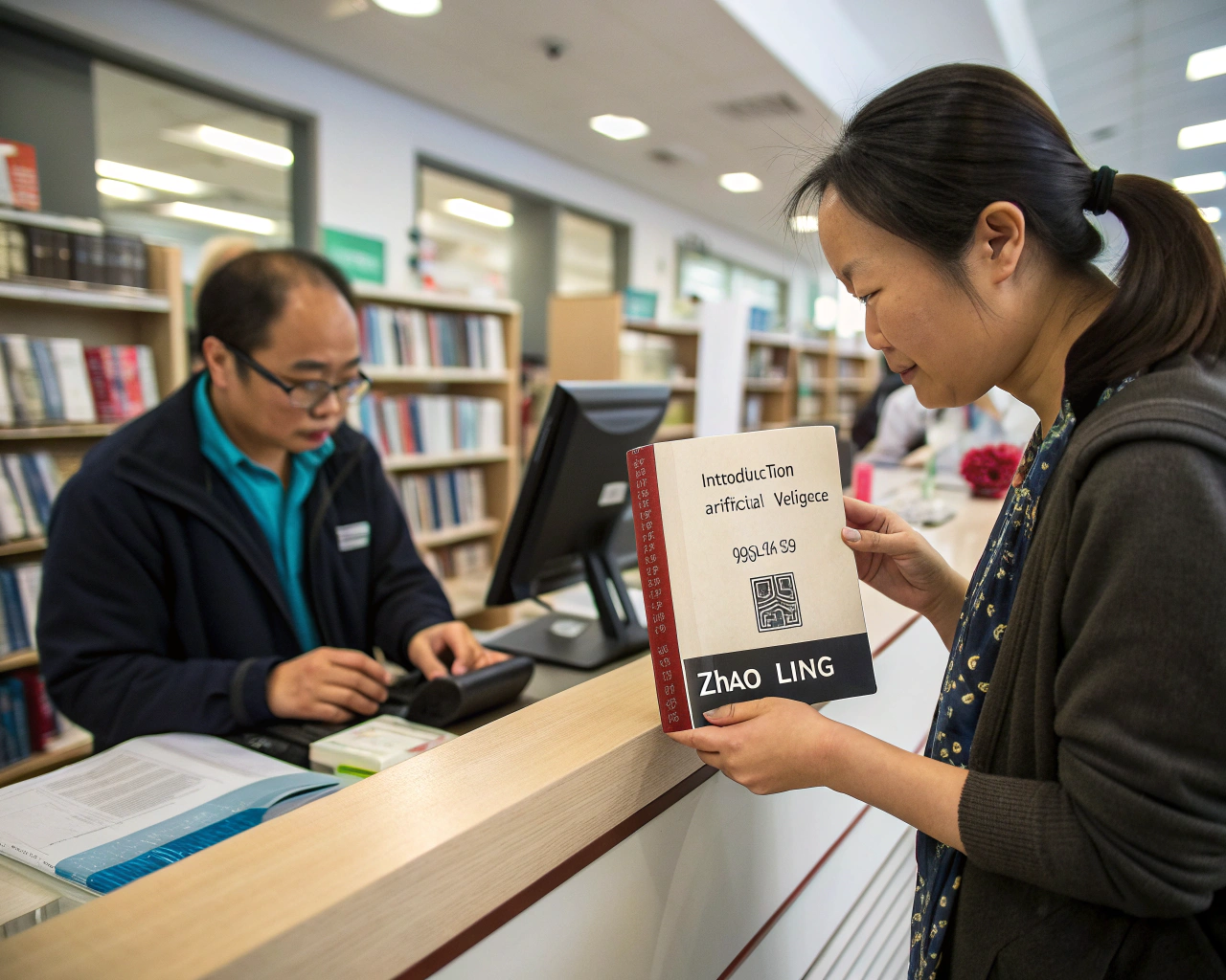 AI generated image by Red Panda AI: At the library's borrowing desk, a reader is checking out a book (shows the reader's name "Zhao Ling," the borrowed book title "Introduction to Artificial Intelligence," and the due date "2025-01-15,"). Nearby, a staff member is scanning the book's barcode.