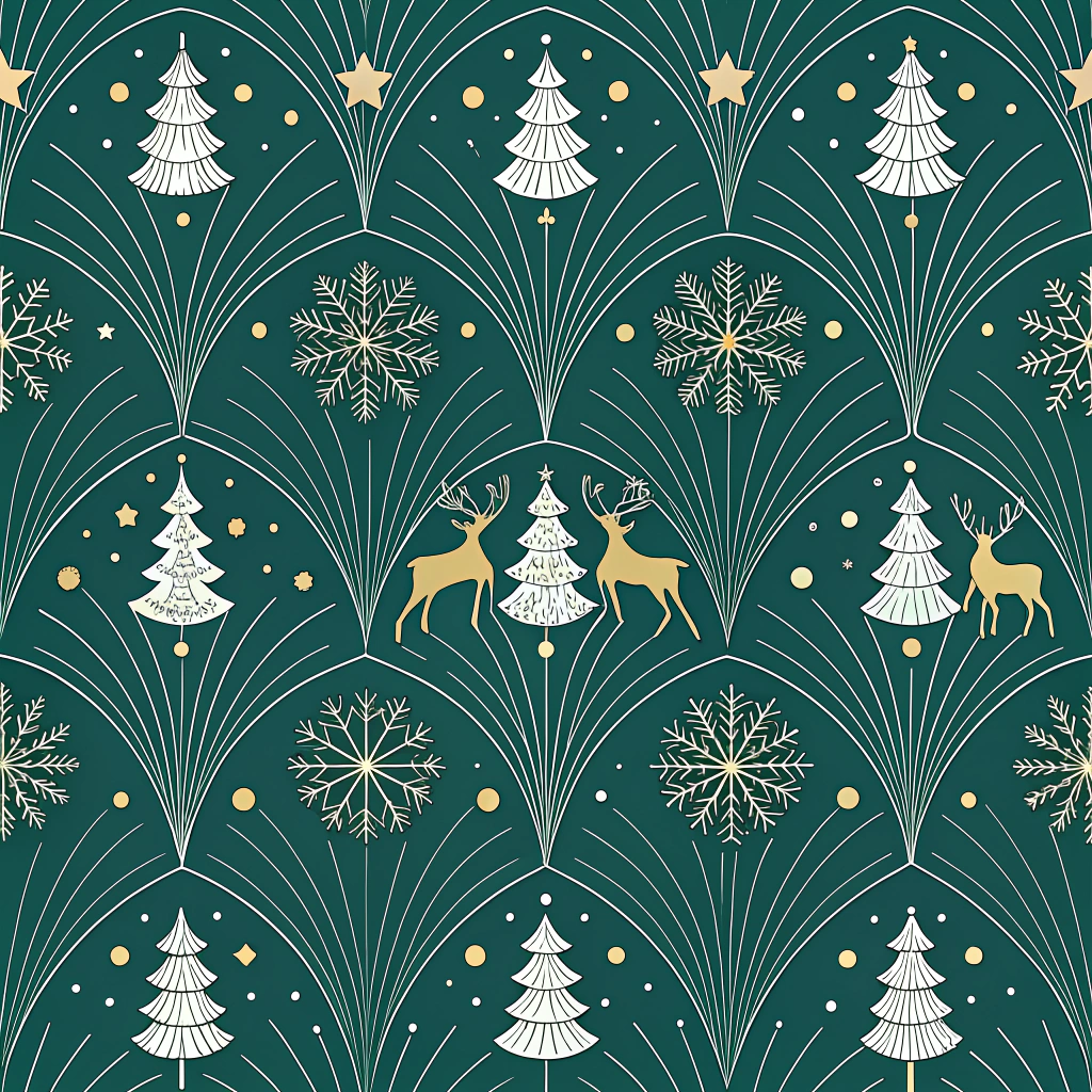 AI generated image by Red Panda AI: A petrol green background featuring an art deco-inspired Christmas pattern. Repeating snowflake motifs in soft sage green are arranged in a fan-like structure and complemented by festive elements such as stylized pine trees, reindeer, stars, and snowflakes. Delicate gold lines, dots, and ornaments reminiscent of art deco-style wallpapers are scattered throughout, adding a touch of luxury and elegance. The design evokes a classic and refined holiday aesthetic with a harmonious balance of natural and geometric elements. The overall style is minimalist yet sophisticated, emphasizing symmetry, elegance, and a festive atmosphere.