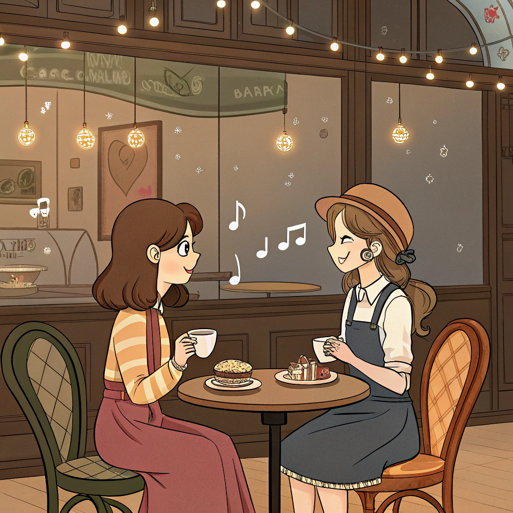 AI generated image by Red Panda AI: 遊戲鳴潮中，女主角與柯萊塔的在咖啡廳約會