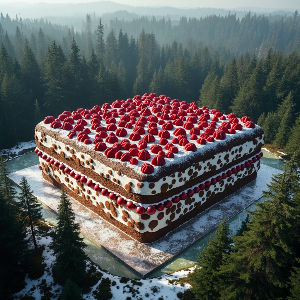 AI generated image by FLUX.1-pro: The world's largest black forest cake, the size of a building, surrounded by trees of the black forest