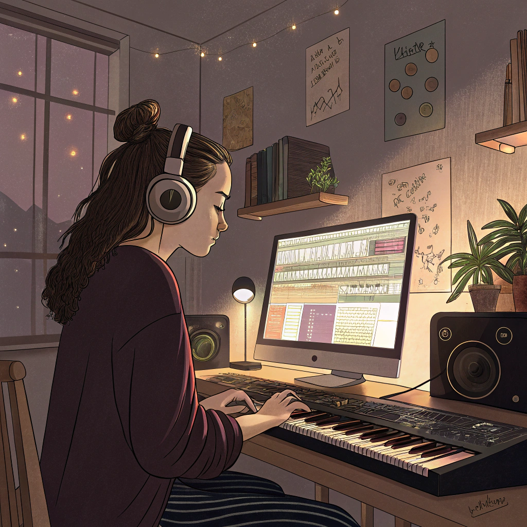 AI generated image by Red Panda AI: Illustration of a young female composer wearing studio headphones, intensely focused on her computer screen displaying DAW software. She sits at a desk in a cozy home studio with a MIDI keyboard and studio monitors visible. Warm, focused lighting, creative atmosphere, digital art style.