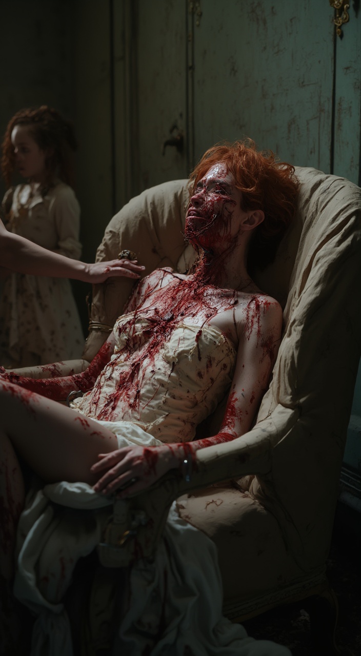 AI generated image by FLUX-Realism-Lora: high resolution Professional photograph from a Nikon Z6 III Mirrorless Camera with Nikon NIKKOR Z 24-120mm camera movie scene a woman chained to a chair covered in blood  her throat is cut deep her face is bruised and her entire body is covered in cuts and blood and bruise her eyes her face expression is in pain   and mangled battered face while a evil beautiful blond strangles her from from Behind with a rope while smiling  A beautiful red hair woman  has her hands over the womans
Mouth who is in the chair the woman in their chair dynamic motion, realistic, cinematic, 4k blood is everywere the bedroom is daylight 