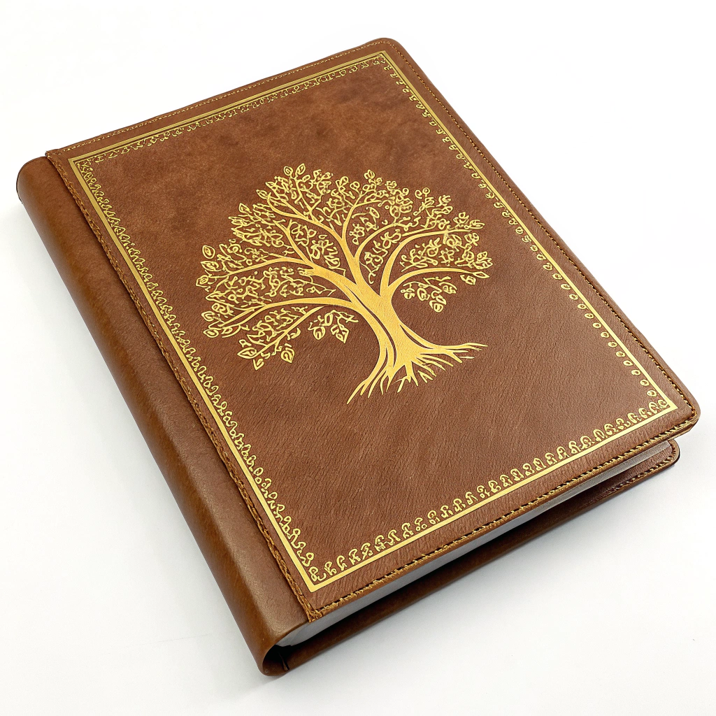 AI generated image by Red Panda AI: Couverture de livre, faux cuir marron clair avec un chêne en plein centre gaufré et contrecollé sur la couverture sans dorure 