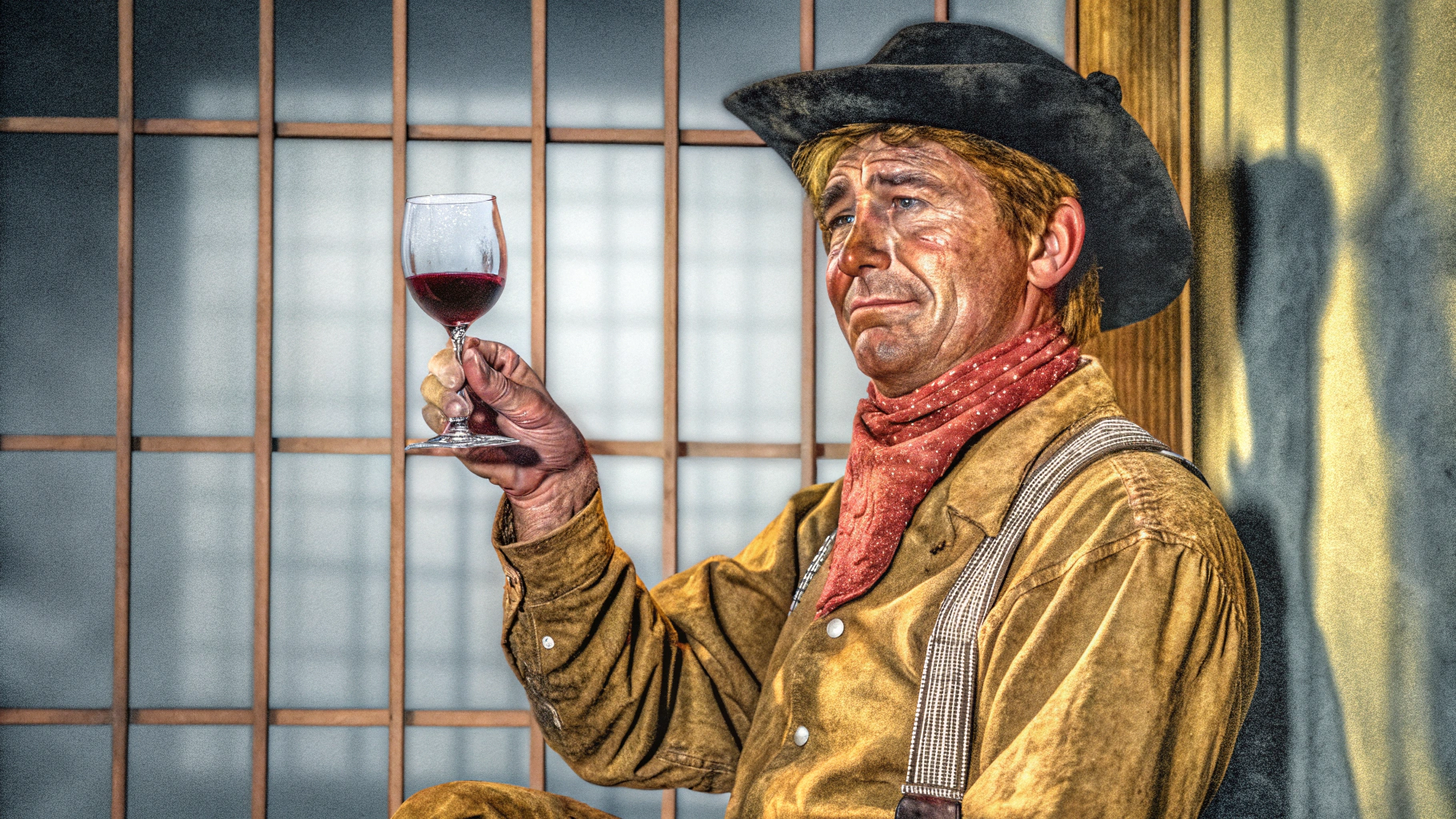 AI generated image by Red Panda AI: prisionero del viejo oeste con una copa de vino tinto 