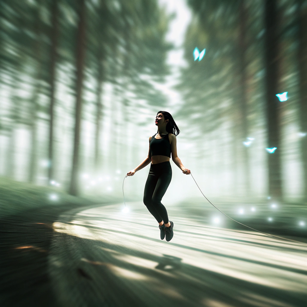 AI generated image by Red Panda AI: Una chica rumana morena t athletica saltando a la comba en un bosque verdoso al atardecer y con mariposas azules 