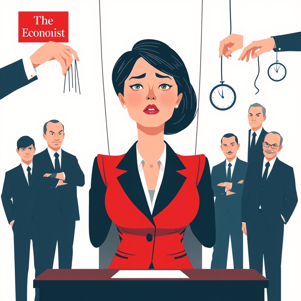 AI generated image by FLUX.1-schnell: Create an editorial illustration in the style of The Economist magazine on the theme: "A woman leader appointed to fail in her position." The visual style should reflect The Economist’s characteristic minimalist and concise approach, using flat, saturated colors and a restrained palette (red, dark blue, gray).

Key elements and ideas for the image:

A woman in a business suit in a leadership role (for example, at a negotiation table or podium), surrounded by symbols of sabotage and obstacles: such as invisible hands pulling strings like a puppet, or fine cracks appearing on the chair she sits on.

Her facial expression shows a mix of determination and anxiety, highlighting internal struggle and pressure.

Around her, shadows or silhouettes of men in suits watch with suspicion or sly smiles, symbolizing the corporate environment setting her up to fail.

Include metaphorical details, for example, sinking clocks hinting at limited time or a labyrinth she tries to navigate.

The composition should be balanced with a clear focus on the protagonist to immediately draw attention while leaving space for reader interpretation.

The image should convey irony and subtle critique typical of The Economist, without excessive dramatization or caricature.

This illustration should align with The Economist’s editorial style-intelligent, restrained, and slightly ironic-designed to provoke thought and discussion.
