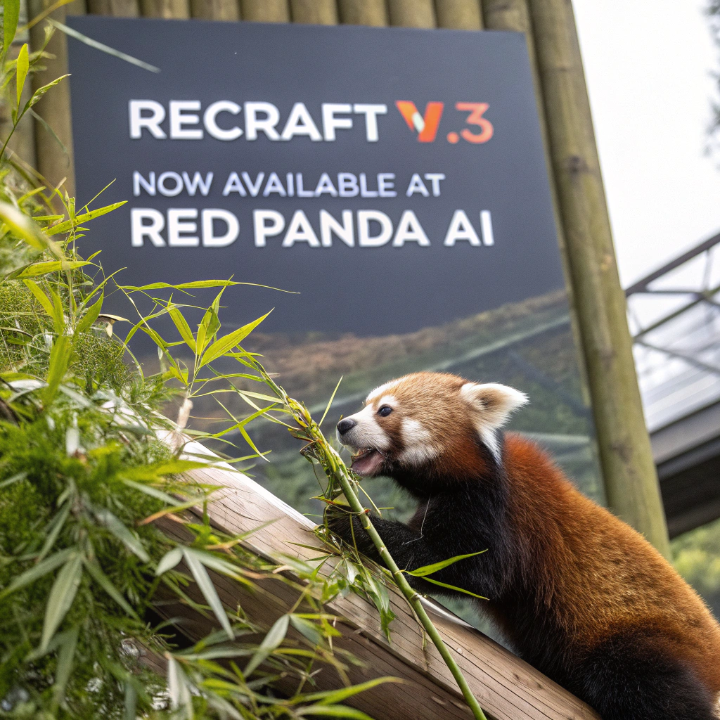 AI generated image by Red Panda AI: a red panda eating a bamboo in front of a poster that says "recraft V3 now available at red panda ai