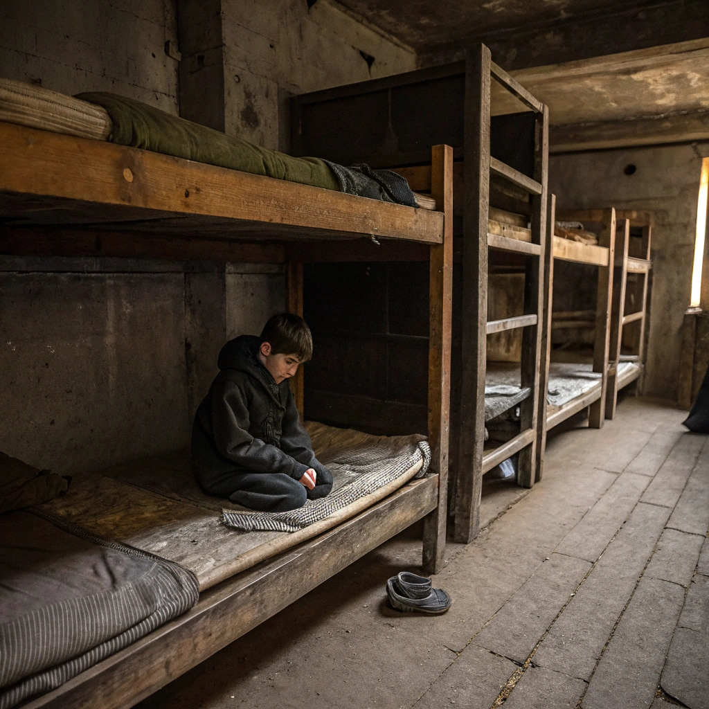 AI generated image by Red Panda AI: una habitación sombría y pequeña, con 4 camarotes y en una cama hay un muchacho tapado todo el cuerpo y no se mueve, es una habitación antigua y las camas se ven viejas y se encuentra en la frontera lejos de la sivilisacion asla con tematica de terro y antigua