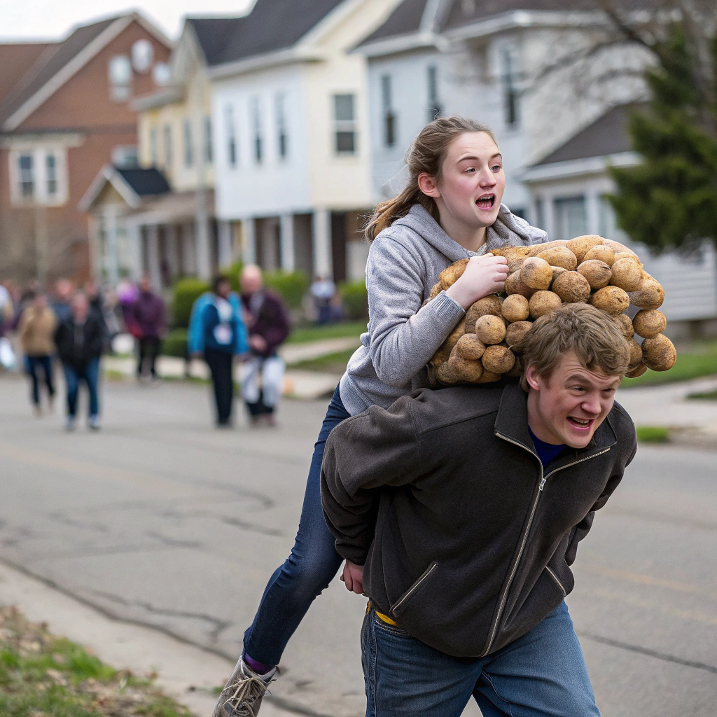 AI generated image by Red Panda AI: chica de 19 años vence a hombre de 30 años en una mini batalla y lo lleva cargando al hombre  como si fuera un costal de papas por todo el vecindario