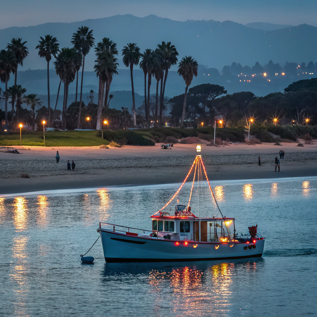 AI generated image by Red Panda AI: A boat with Christmas lights in the bay with the beach in the background 