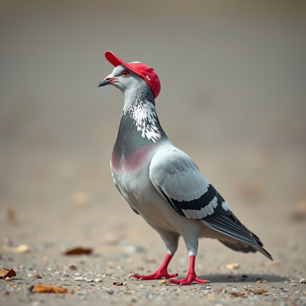 AI generated image by FLUX.1-schnell: A postal pigeon standing on the ground with a red baseball hat on his head