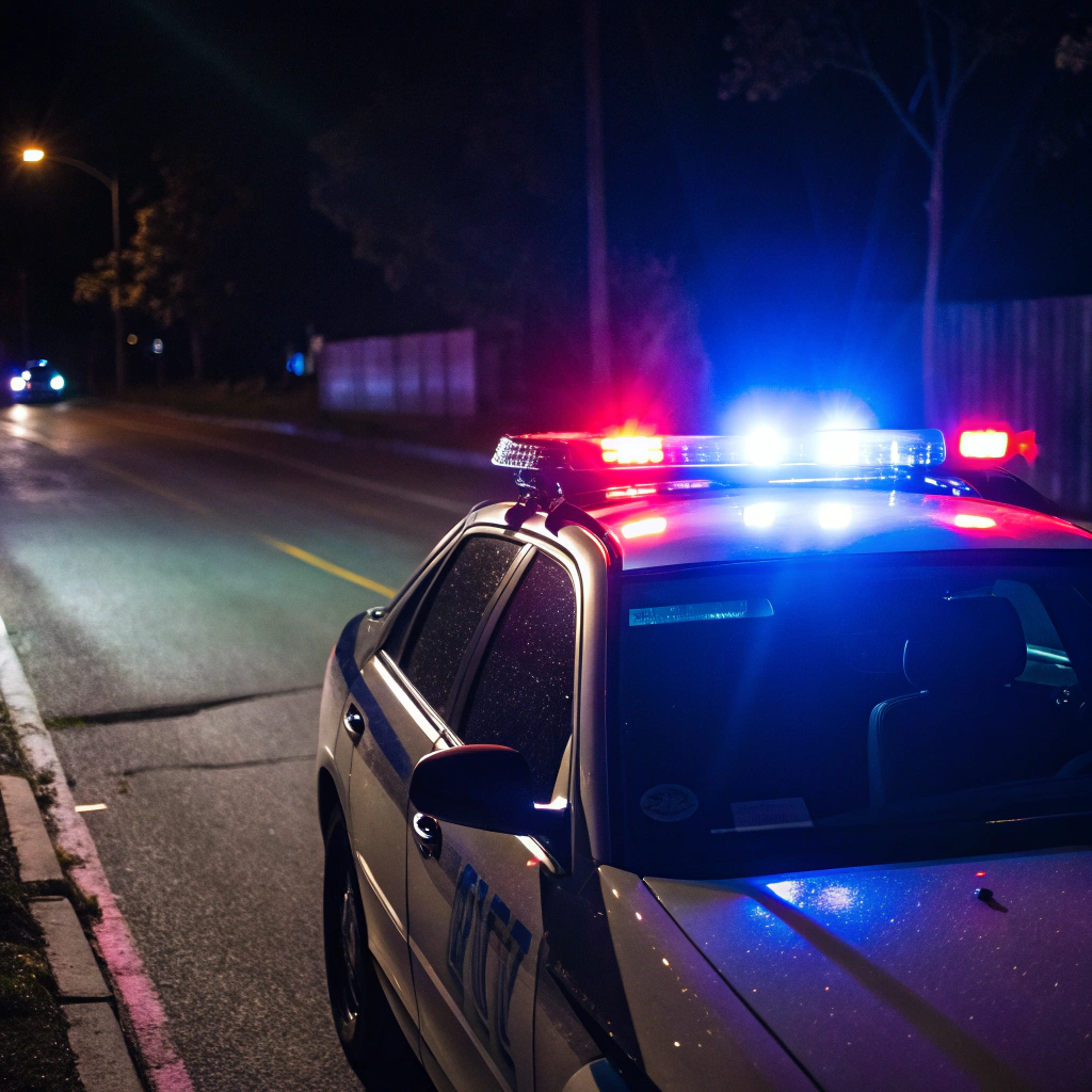 AI generated image by Red Panda AI: Flashing lights on top of a police car motif at night