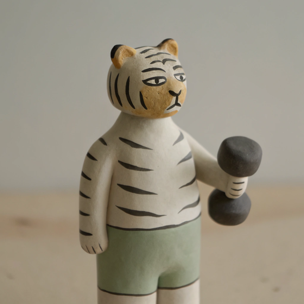 AI generated image by Red Panda AI: illustration of a tiger with athletic body, in a gym with a dumbbell, minimal and flat design, full body, line bold and strong, no background 