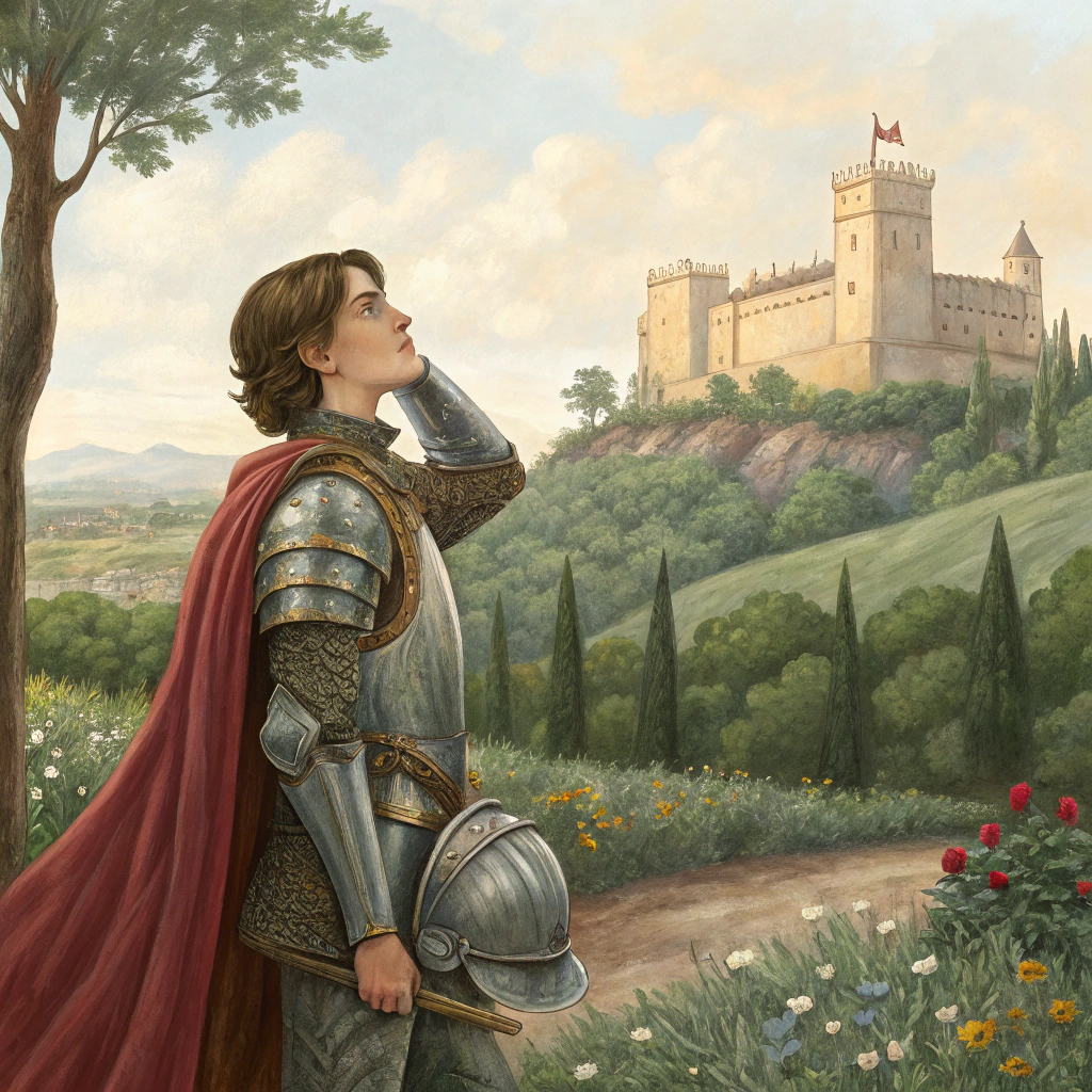 AI generated image by Red Panda AI: A young knight resembling Joan of Arc stands in a garden landscape with a castle in the background. In one hand, they hold their knight’s helmet, and with the other, they lift their cape behind their back. Render it in the style of Diego Velázquez, the Spanish artist.