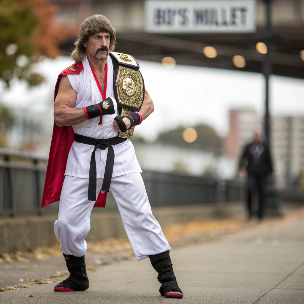 AI generated image by Red Panda AI: Kung fu master, vintage anime muscle man, chevron style mustache, 80's mullet style hair, white karate uniform, black wristbands, knee length black wrestling boots, red tallneck cape, red cape attached at the neck with a gold clasp, championship belt.