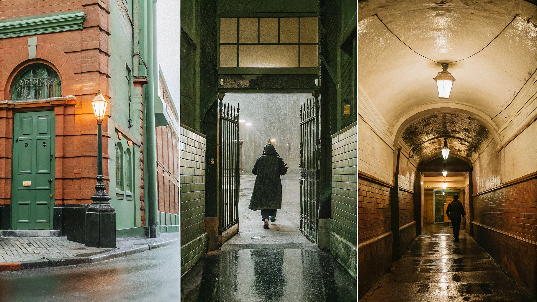 AI generated image by Red Panda AI: A triptych depicting the contrasting atmospheres of three key locations in Neil Gaiman's Neverwhere: Panel 1: A bustling, modern London street, rain-slicked and crowded, hinting at the hidden world beneath. Panel 2: The shadowy, dimly lit entrance to Black Friars, a gateway between worlds, with a mysterious figure silhouetted in the doorway. Panel 3: A fantastical underground scene, part of Neverwhere, illuminated by flickering gas lamps, showcasing intricate architecture and strange, unsettling details. Style: Detailed, slightly dark fantasy art, reminiscent of Victorian illustrations.