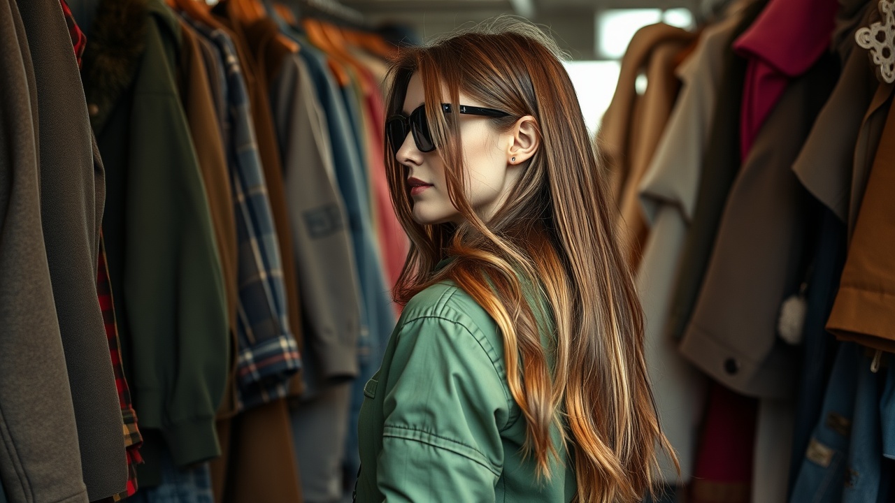 AI generated image by FLUX.1-schnell: junge Frau mit langen braunen Haaren, grüner Jacke, Sonnenbrille im Haar, stöbert in einem secondhand laden zwischen Kleidungsstücken, die auf Bügeln hängen, die Umgebung ist eng und bunt, nur wenig Licht fällt von außen rein, wir sehen die Frau im Profil, von ihrer linken Seite, Einstellungsgröße halbnah
