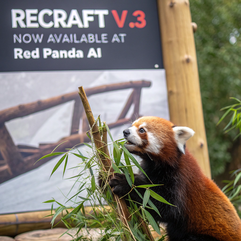 AI generated image by Red Panda AI: a red panda eating a bamboo in front of a poster that says "recraft V3 now available at red panda ai