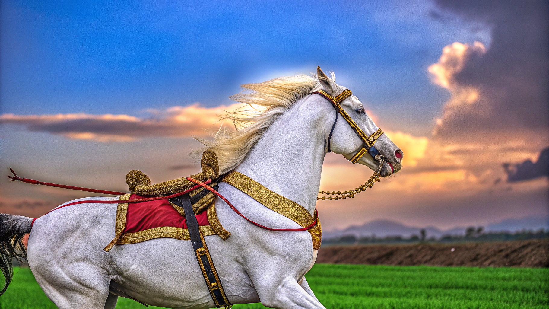 AI generated image by Red Panda AI: illustrate ultra realistic oil painting of white horse running on the cloud, horse adored with gold Hindu divine ornaments, Horse has multiple heads refer to Uchchaihshravas, side shot, the image is dynamic, high octane, 4K and rendered