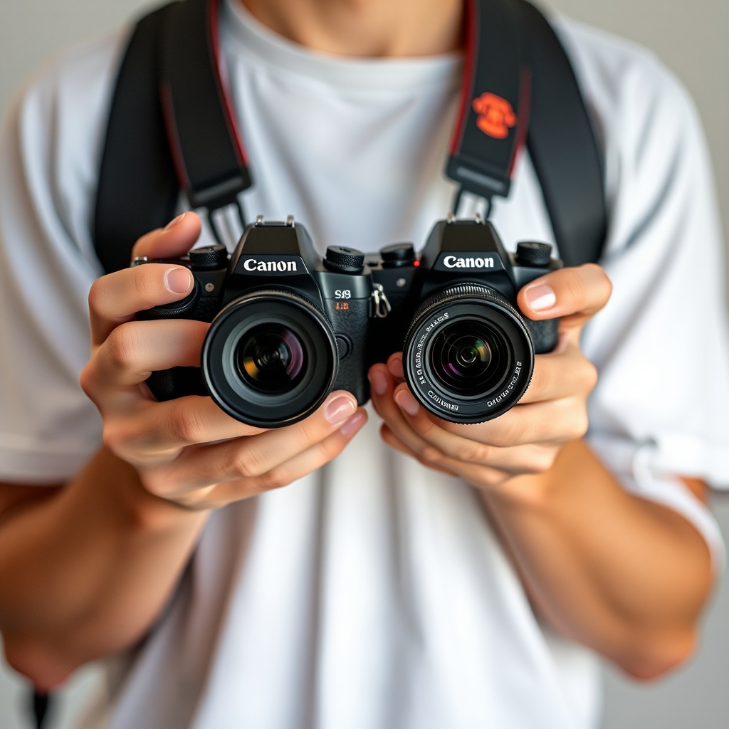 AI generated image by FLUX.1-schnell: a realistic photo of a photographer holding two DSLR cameras