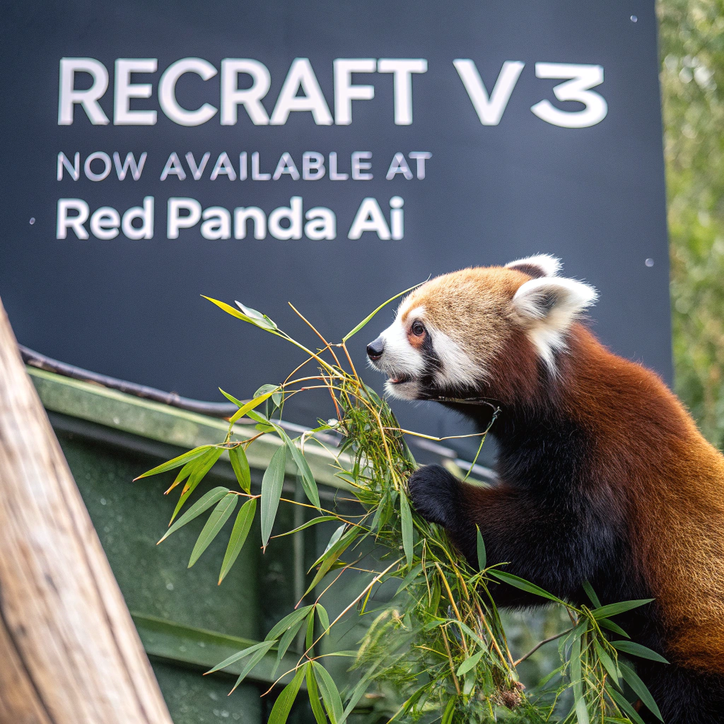 AI generated image by Red Panda AI: a red panda eating a bamboo in front of a poster that says "recraft V3 now available at red panda ai