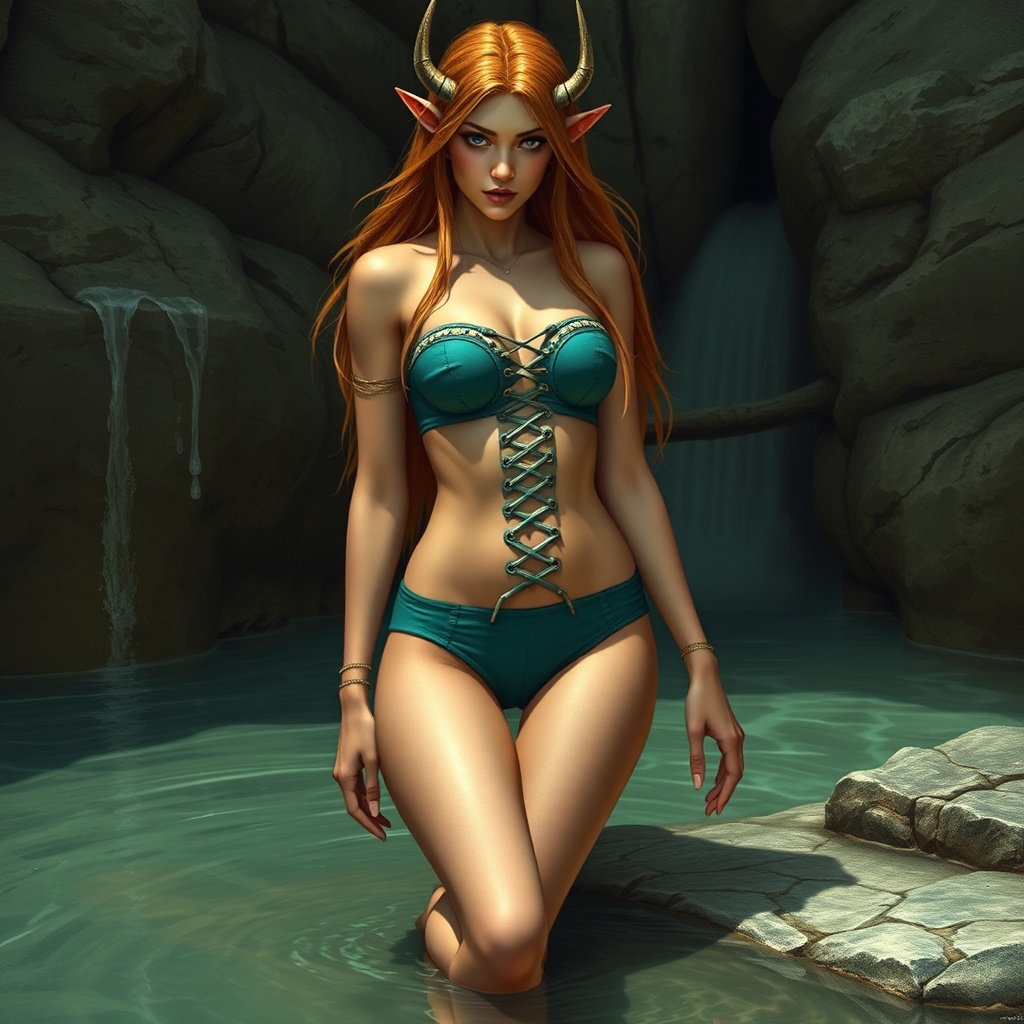 AI generated image by FLUX.1-schnell: Generate an high elf sex with tight laces as bathing suit on her knees jus covering her nipples
