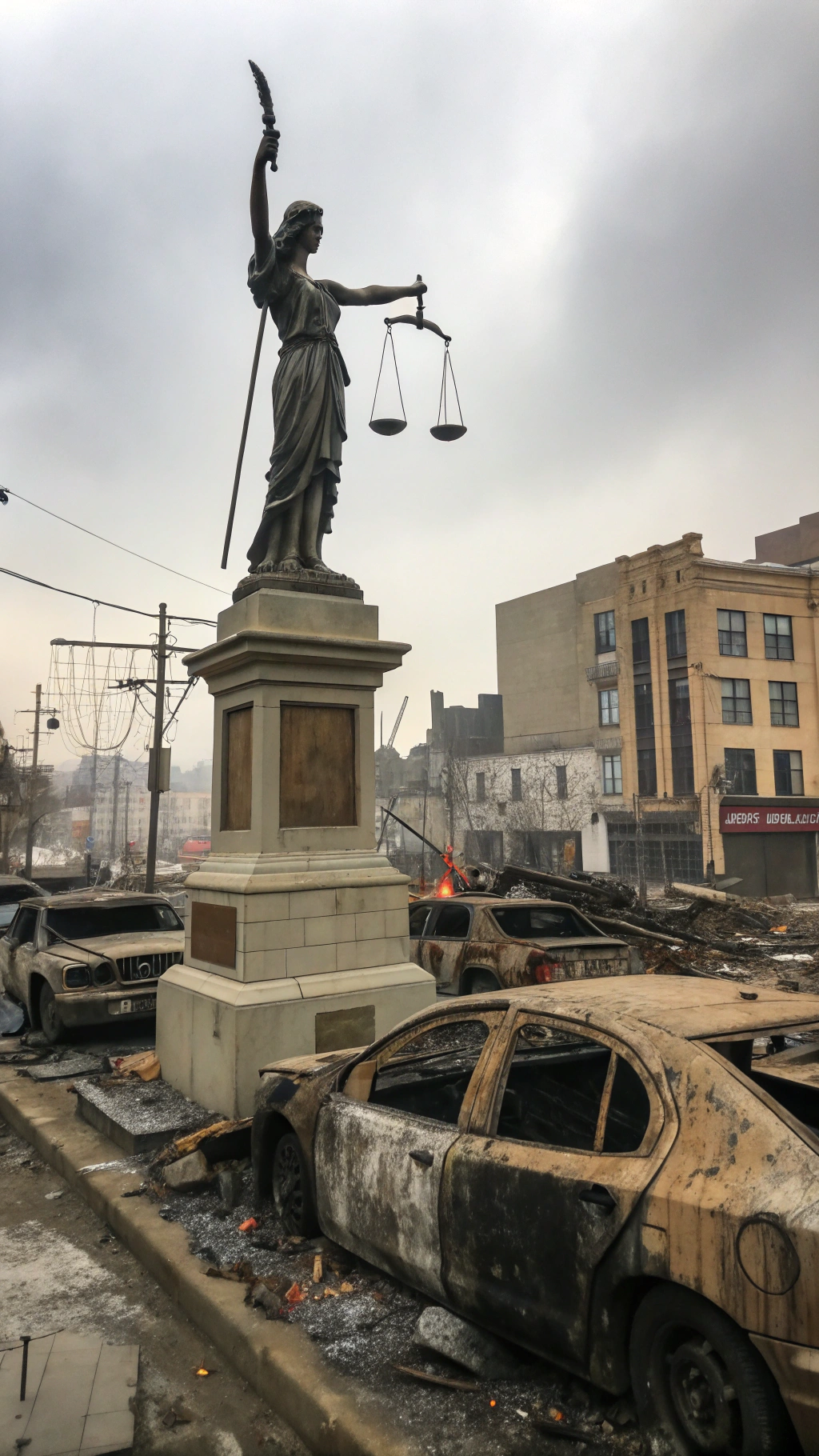 AI generated image by Red Panda AI: create an image of justice lady in the middle of disaster city with broken buildings, and burned cars