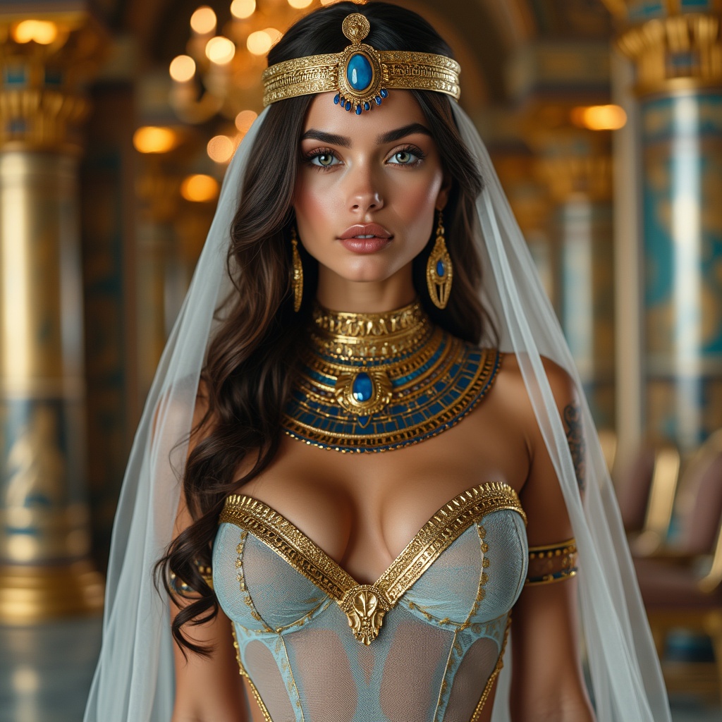 AI generated image by FLUX.1-pro: A majestic, eternal Egyptian goddess named Isis, who appears to be 25, casts a captivating gaze in the splendor of her lavishly decorated throne room. Her luxurious brown hair cascades down her back beneath an Egyptian tiara, complementing her impeccable, radiant skin. Her deep blue eyes are enchanting, drawing all focus to her stunning features. She is clothed in a pale blue sheer bodysuit adorned with gold embroidery and mesh details, topped with a transparent veil, gracefully accentuating her curves and well-toned physique. Her regal allure is further amplified by a striking gold belt, an ornate jeweled collar, and sapphire earrings. The grandeur of soaring columns, glittering ancient chandeliers, and rich tapestries forms the perfect setting for her divine beauty and commanding presence.